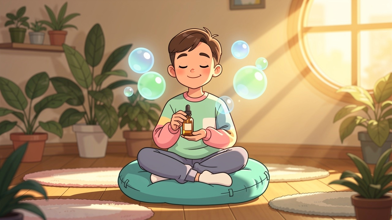 Cartoon character feeling calm and relaxed using CBD oil at home