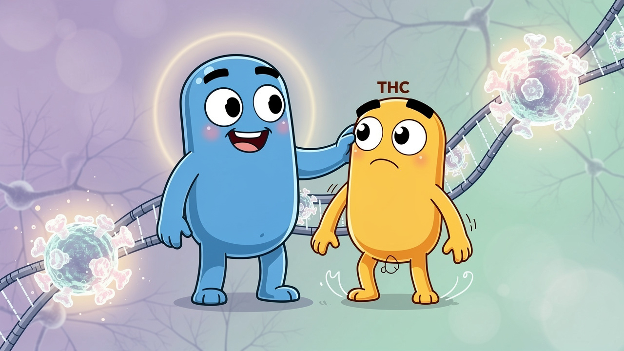 Cartoon CBD character calming an anxious THC character at brain receptors