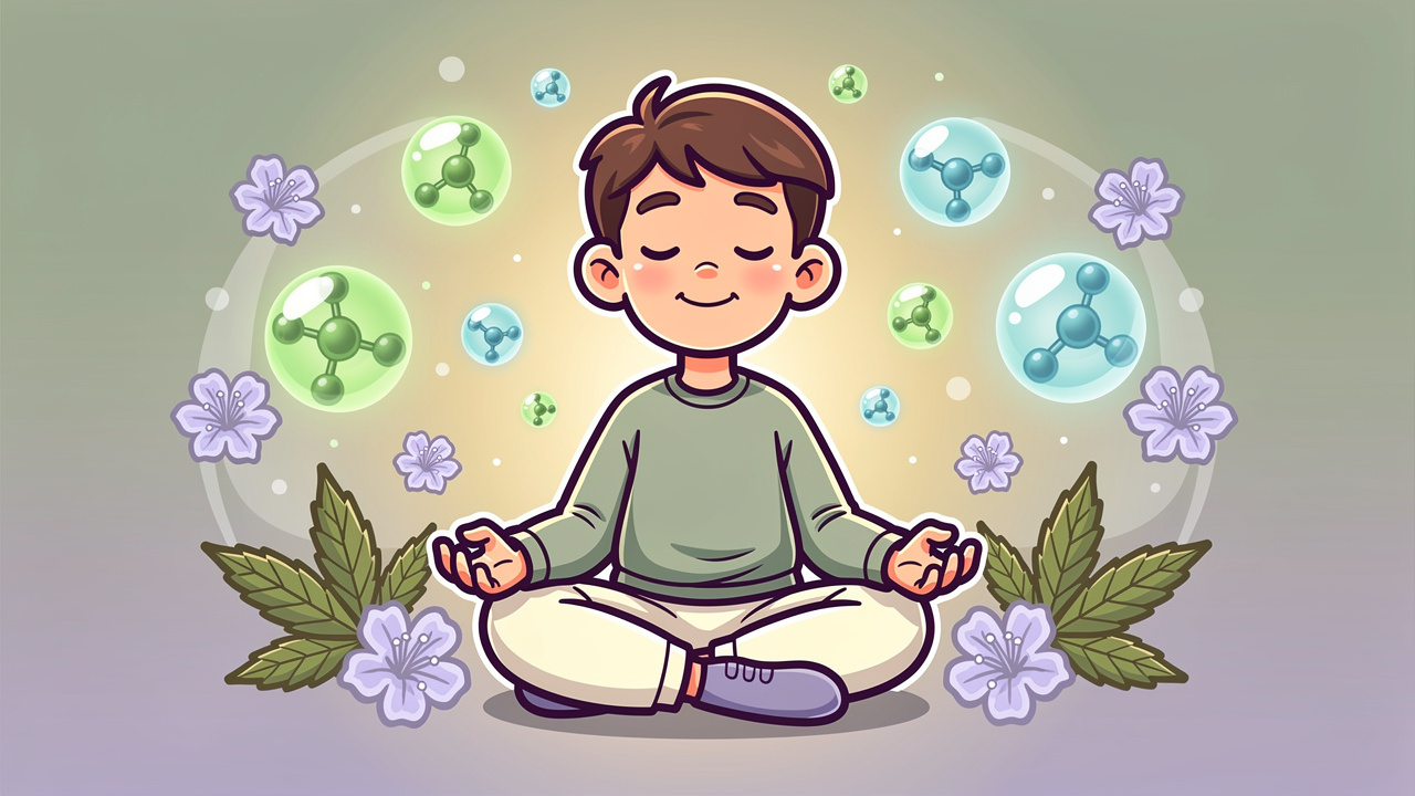 Cartoon character experiencing calm relief from CBD cannabis