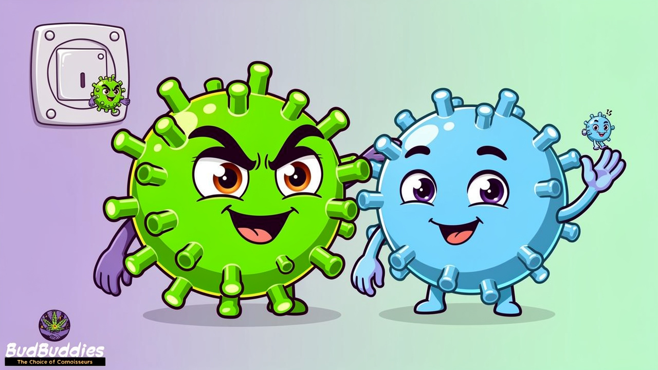 Cartoon CBD molecule calming an intense THC molecule