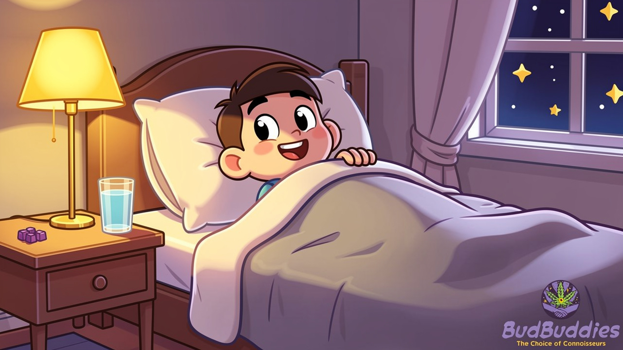 Cartoon character sleeping peacefully after a CBD gummy at night