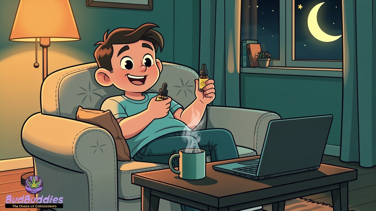 Cartoon student relaxing with CBD oil after evening revision