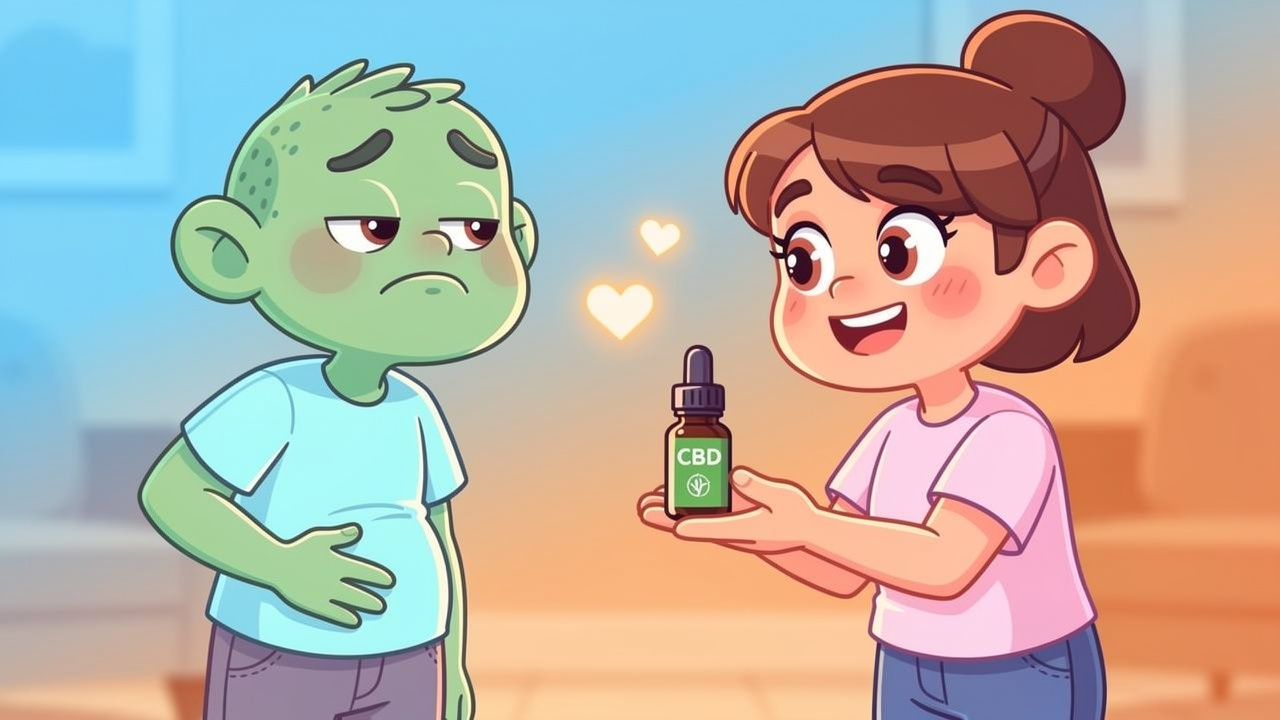 Friendly cartoon character offering CBD drops to overwhelmed friend