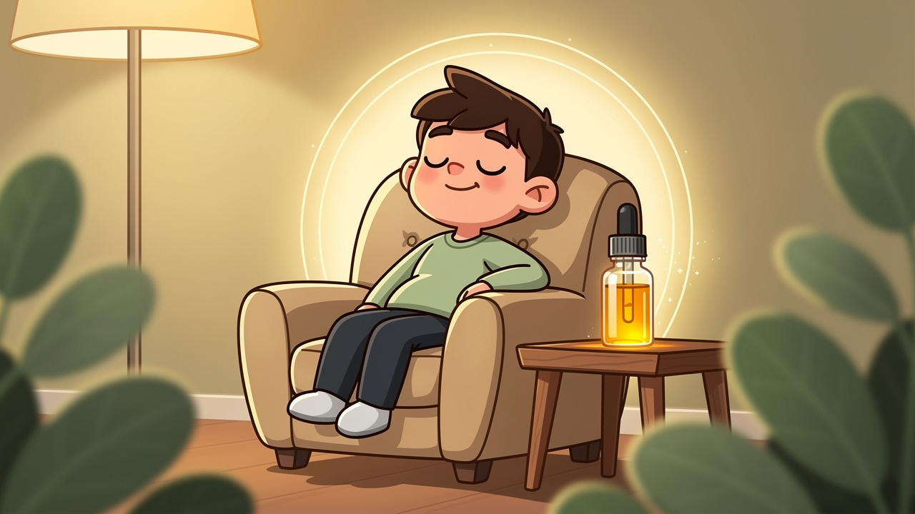 Relaxed cartoon character using CBD oil for calm relief