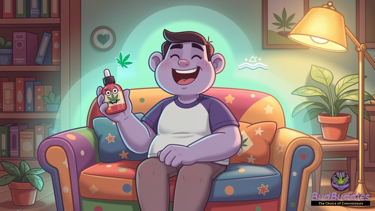 Cartoon character using CBD oil to feel calm and balanced