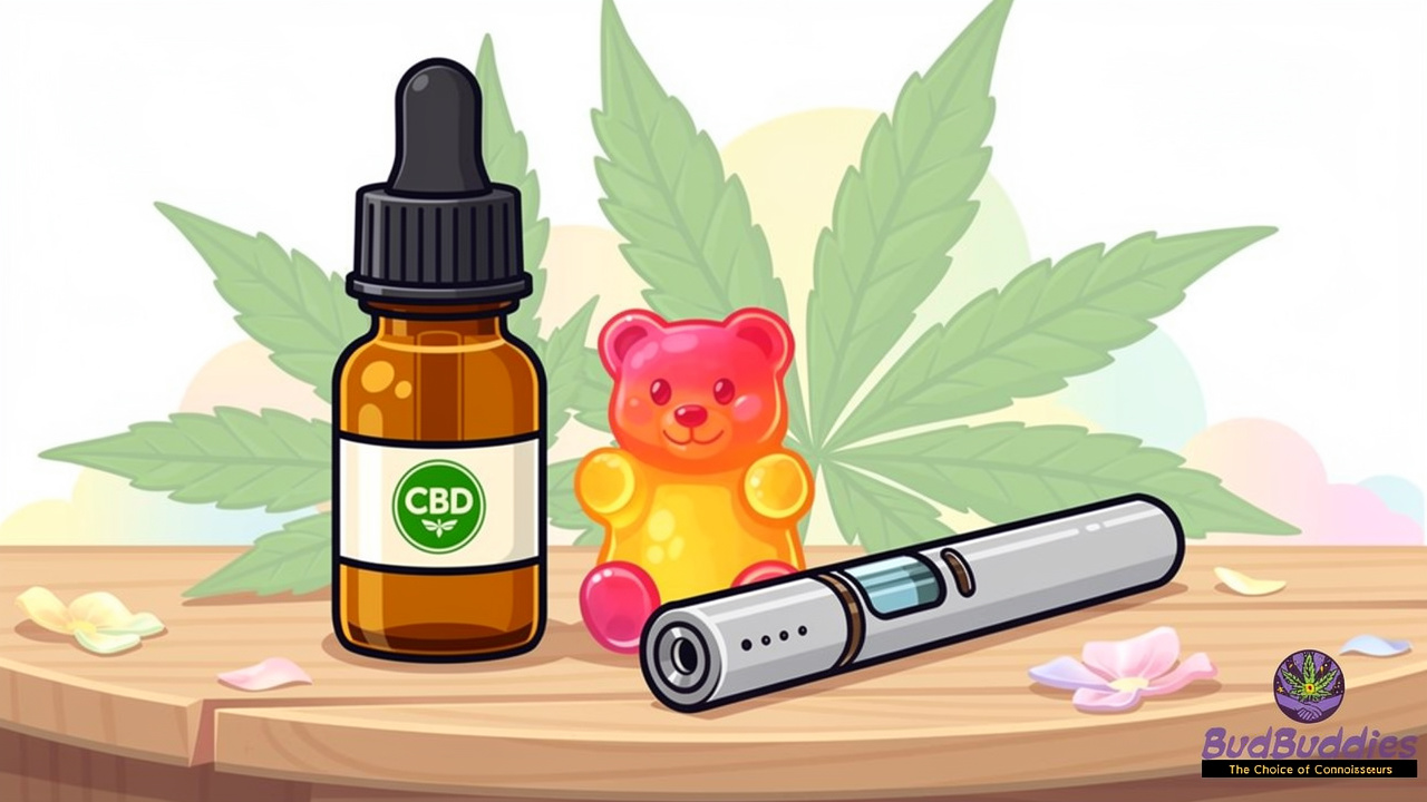 Cartoon CBD oil, gummies, and vape as calming cannabis companions