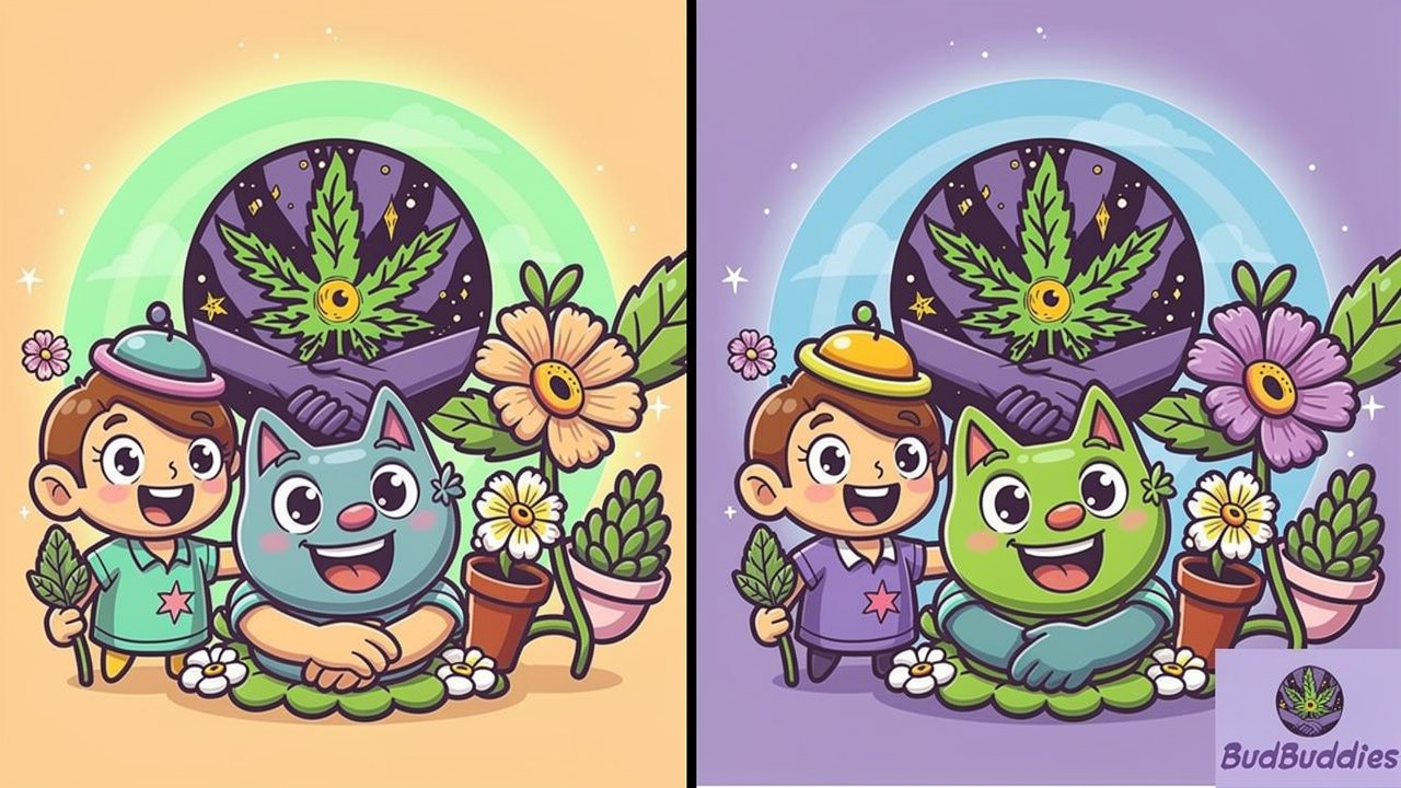 Cartoon showing CBD before study and cannabis after revision