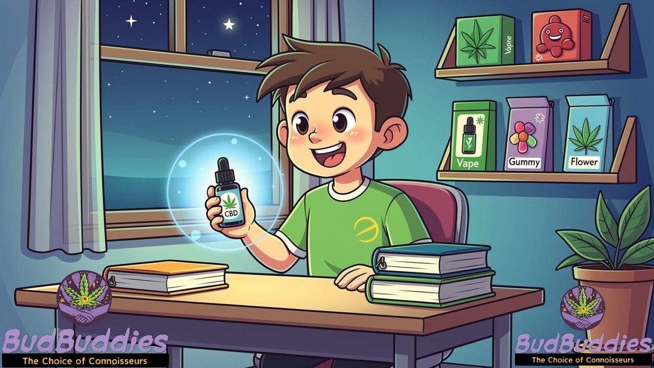 Cartoon student choosing CBD products calmly after studying