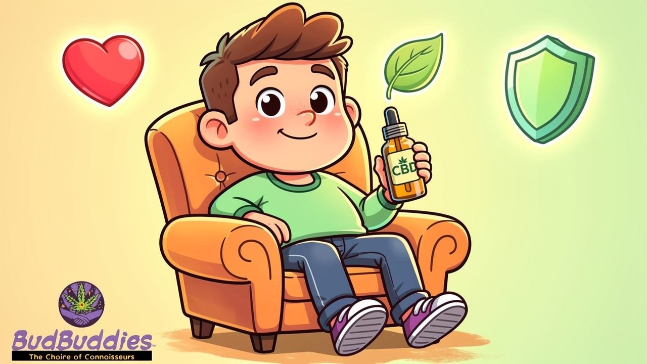 Cartoon character relaxing with CBD oil wellness products at home