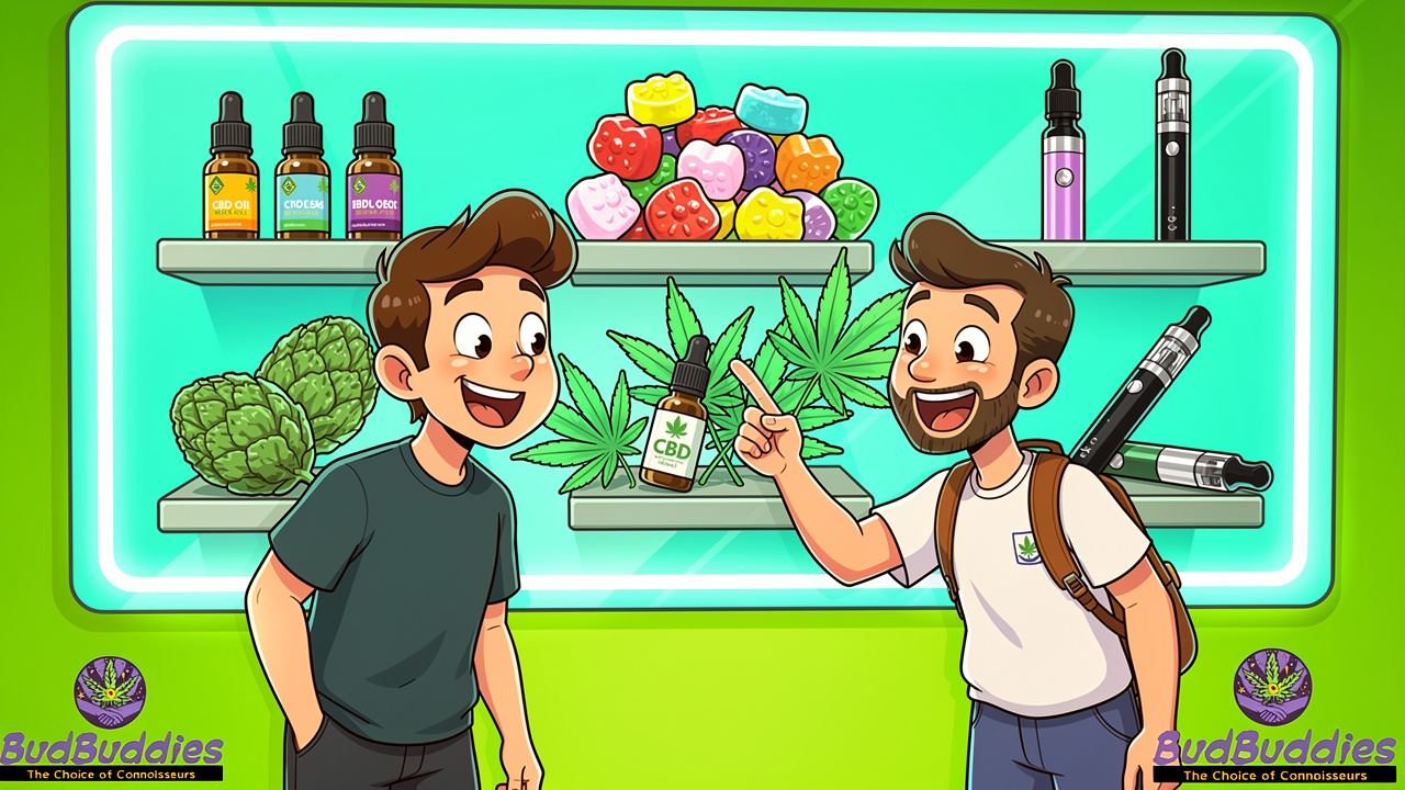Cartoon students exploring range of CBD product options