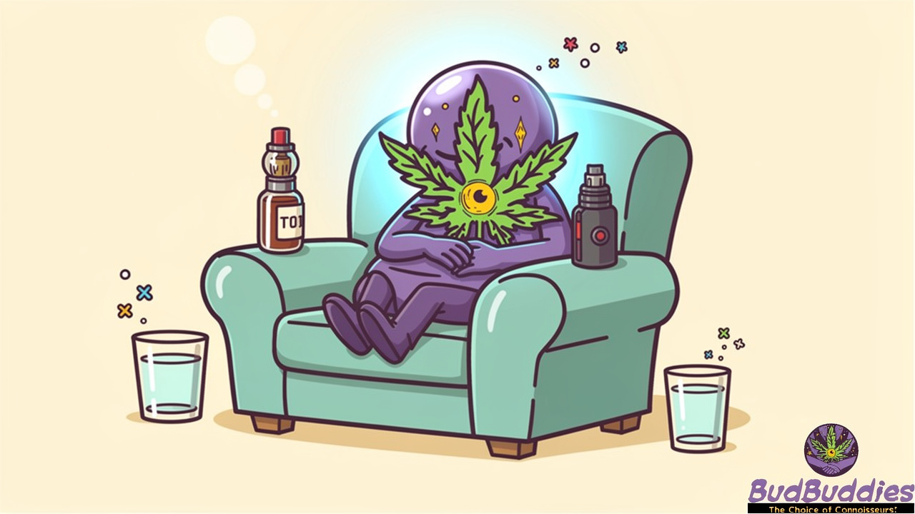 Cartoon character relaxing with CBD tincture and vape relief
