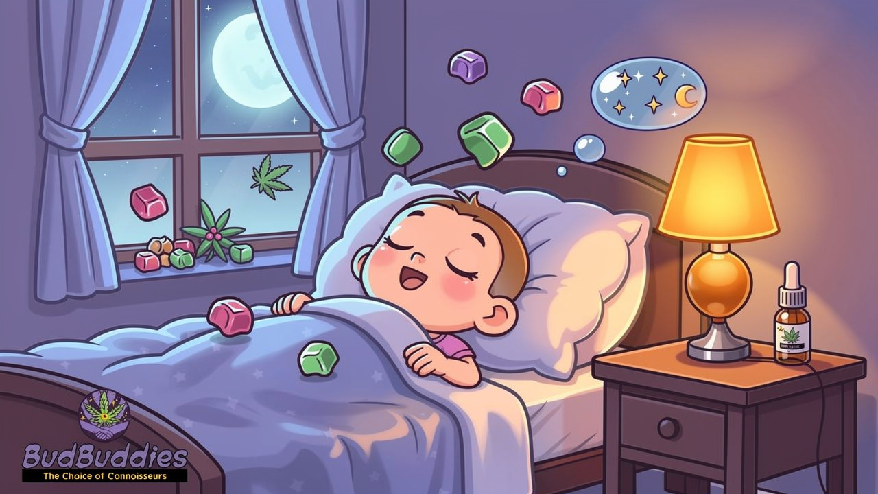Cartoon character sleeping with CBD products after all-nighter