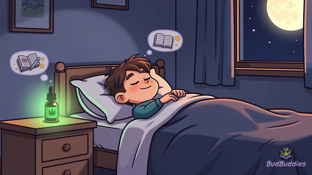 Cartoon student sleeping peacefully with CBD oil on bedside table