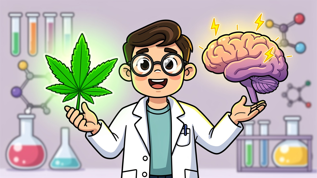 Cartoon scientist explaining CBD and THC effects on seizures