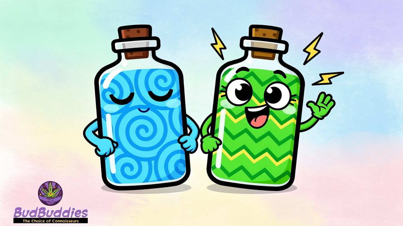 Cartoon CBD and THC characters compared side by side