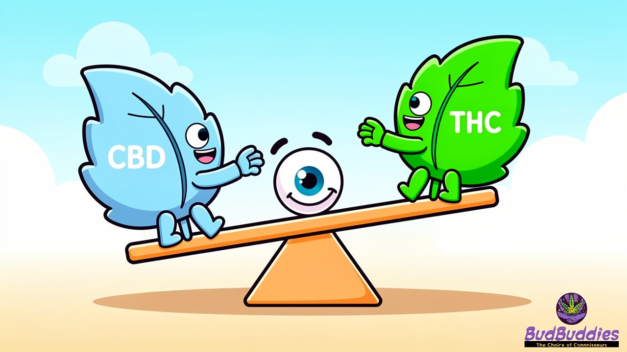 Cartoon seesaw comparing CBD and THC effects on eyes