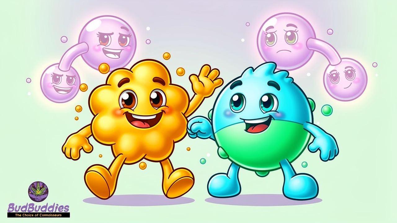 Cartoon CBD and THC molecules interacting at brain receptors