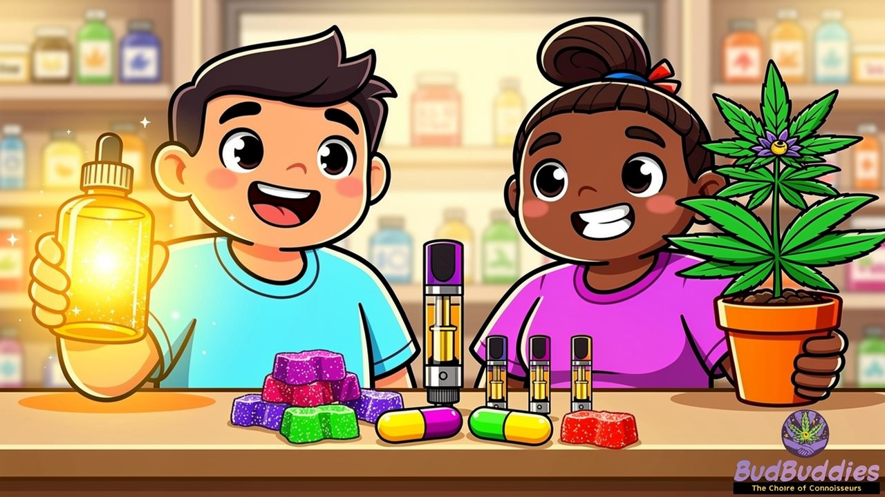 Cartoon showing CBD and THC legal cannabis product options in the UK