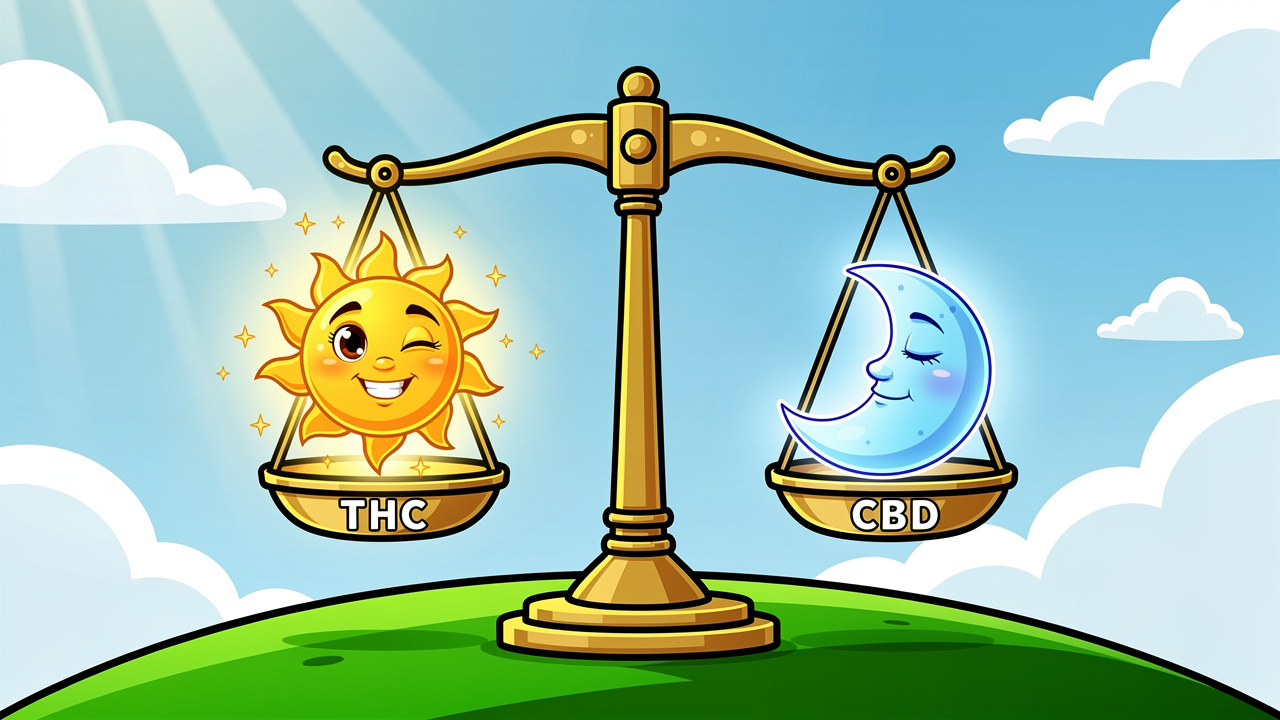 Cartoon balance scale showing CBD and THC ratio in harmony
