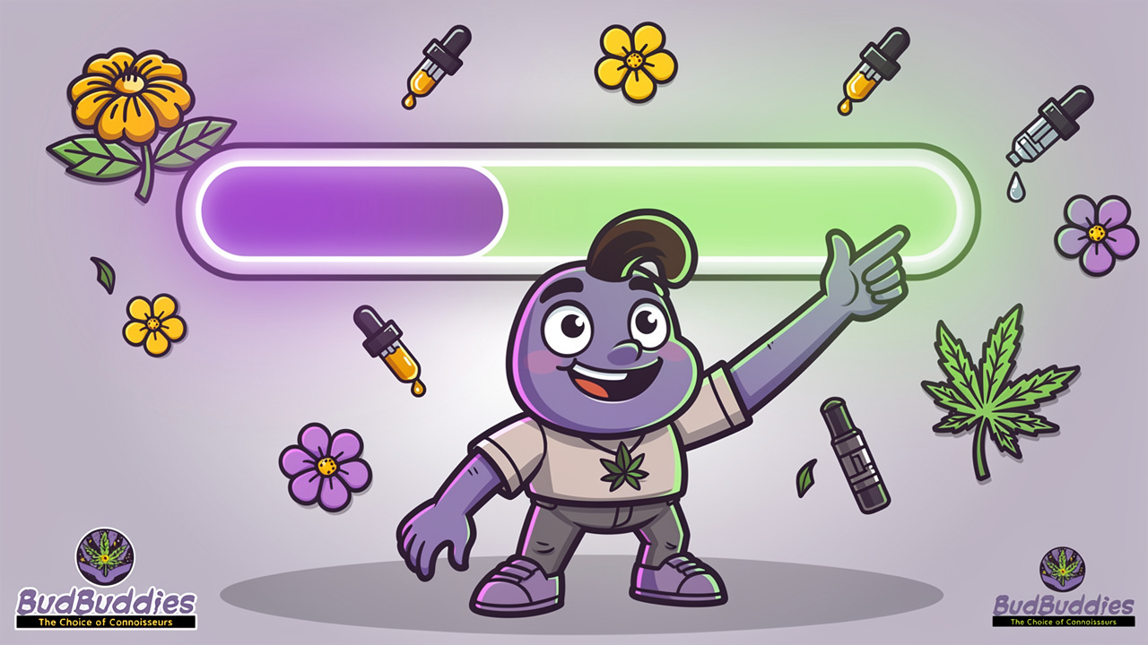 Cartoon character adjusting CBD to THC ratio slider