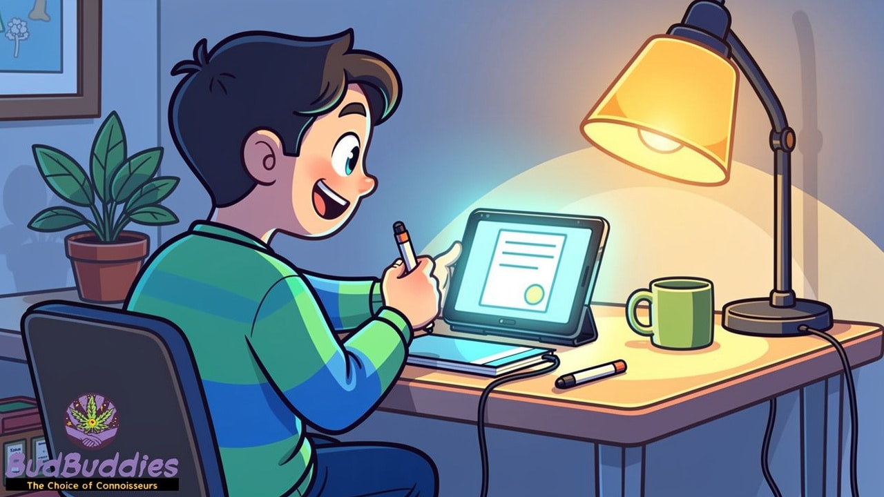 Cartoon student checking CBD vape lab certificate on tablet