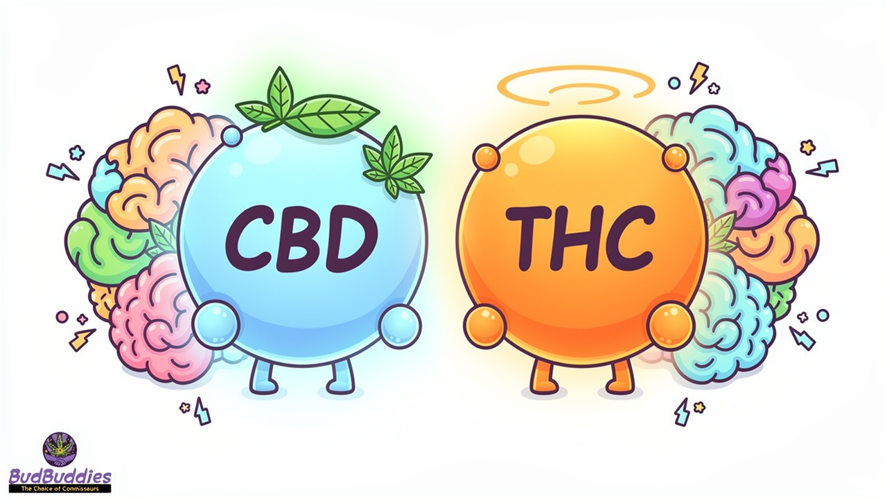 Cartoon illustration comparing CBD and THC effects on anxiety