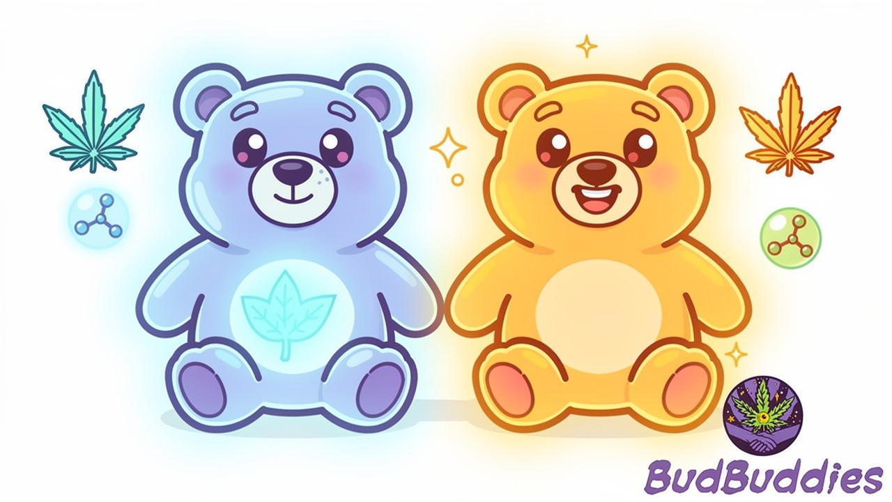Cartoon comparison of CBD and THC gummy bear characters