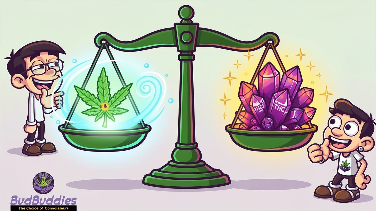Cartoon illustration comparing CBD and THC cannabis products