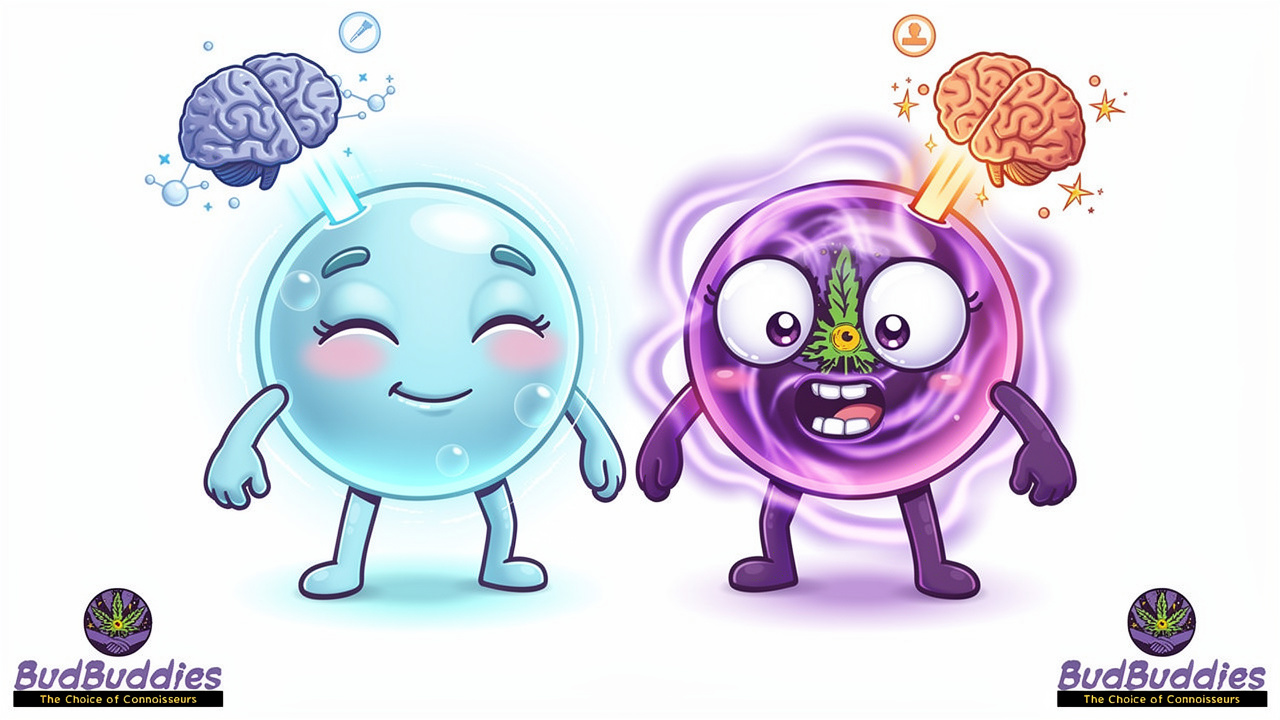 Cartoon characters comparing CBD and THC cognitive effects