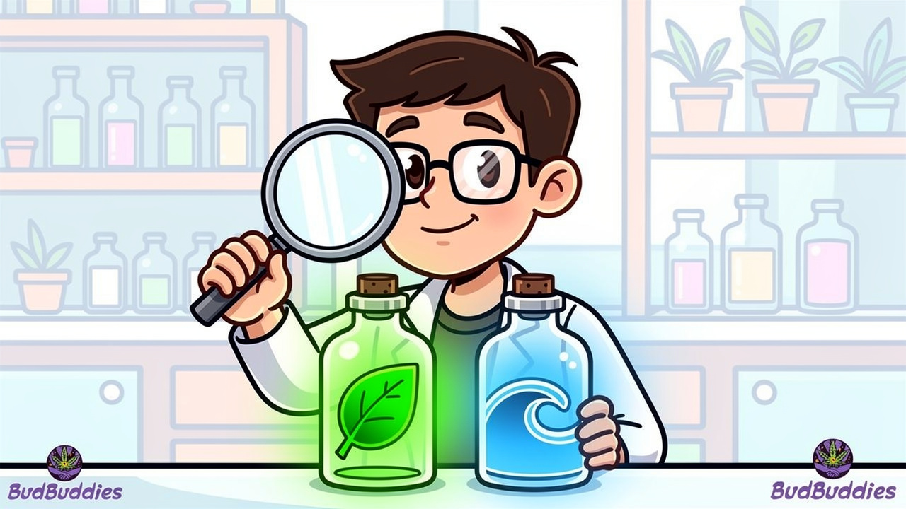Cartoon student comparing CBD and THC product bottles