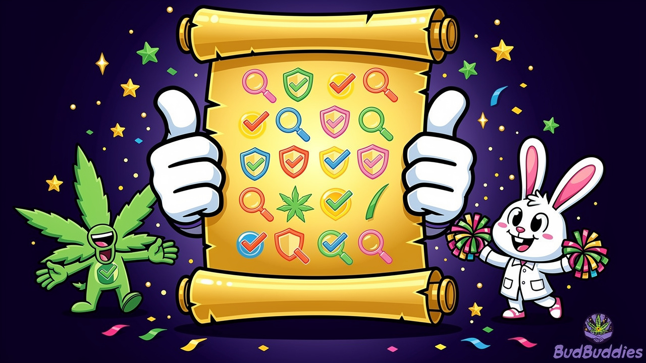 Cartoon illustration of a cannabis Certificate of Analysis