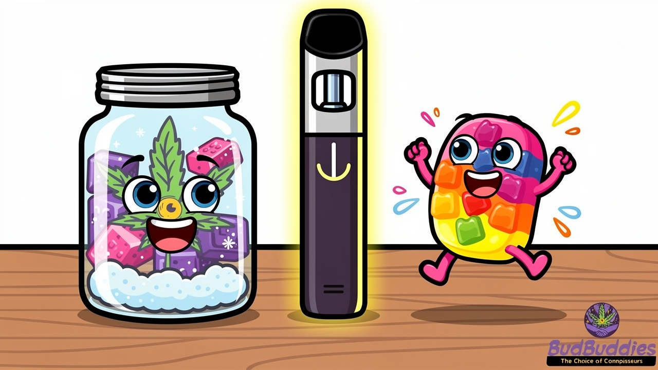 Cartoon flower vape and edible cannabis formats