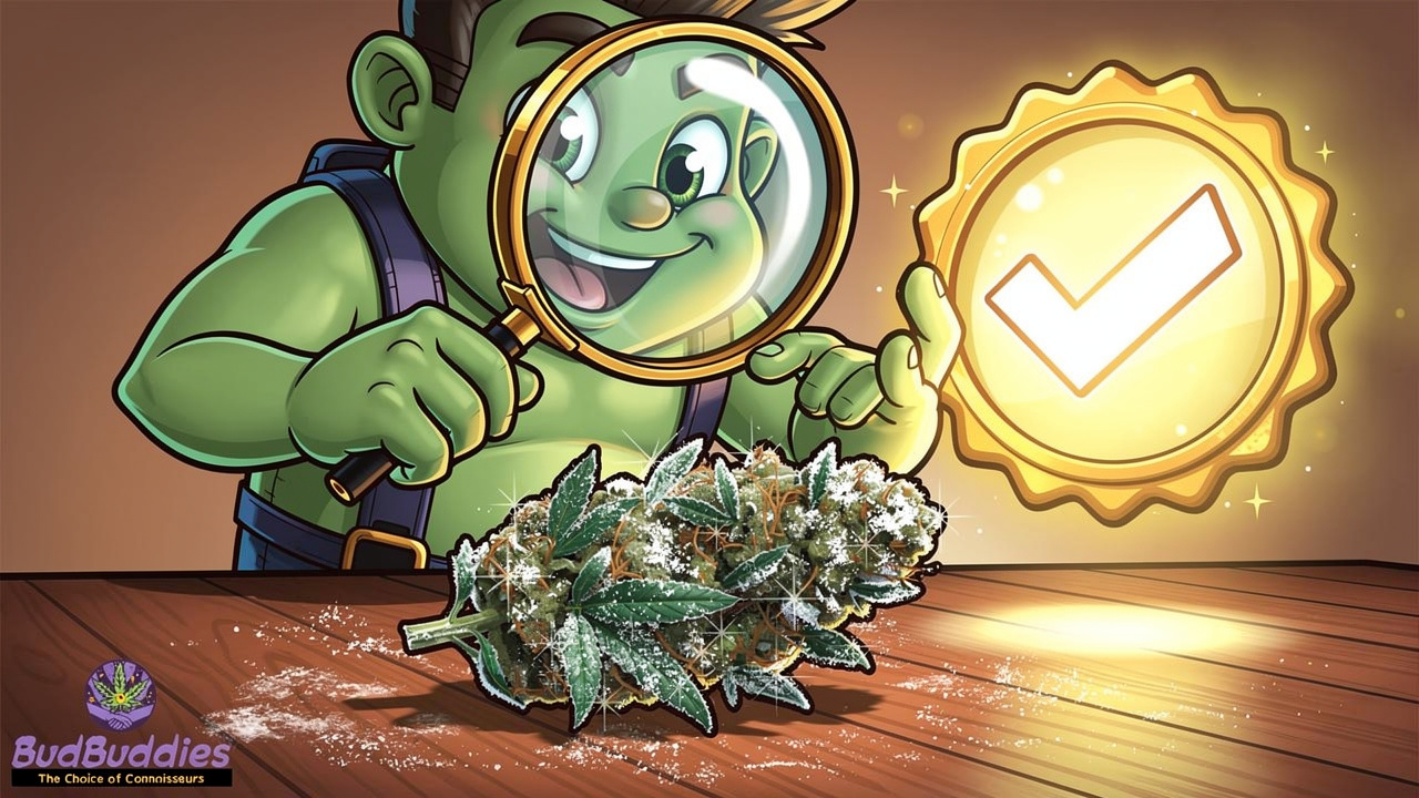 Cartoon magnifying glass inspecting quality cannabis bud