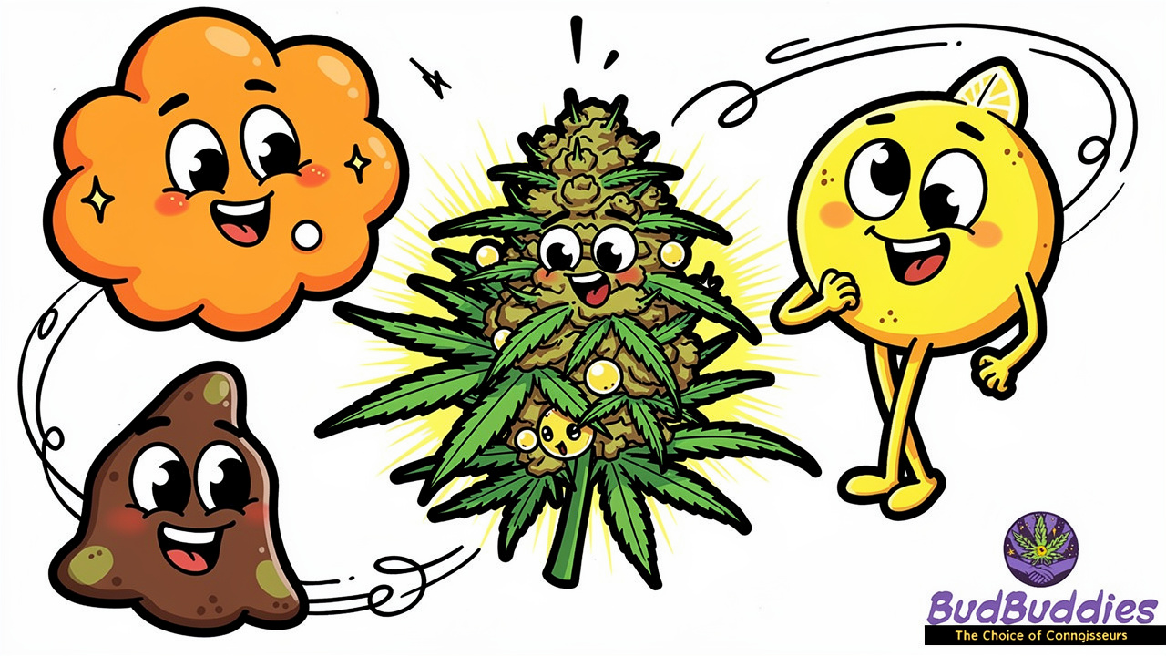 Cartoon terpene characters representing Chemdawg aroma