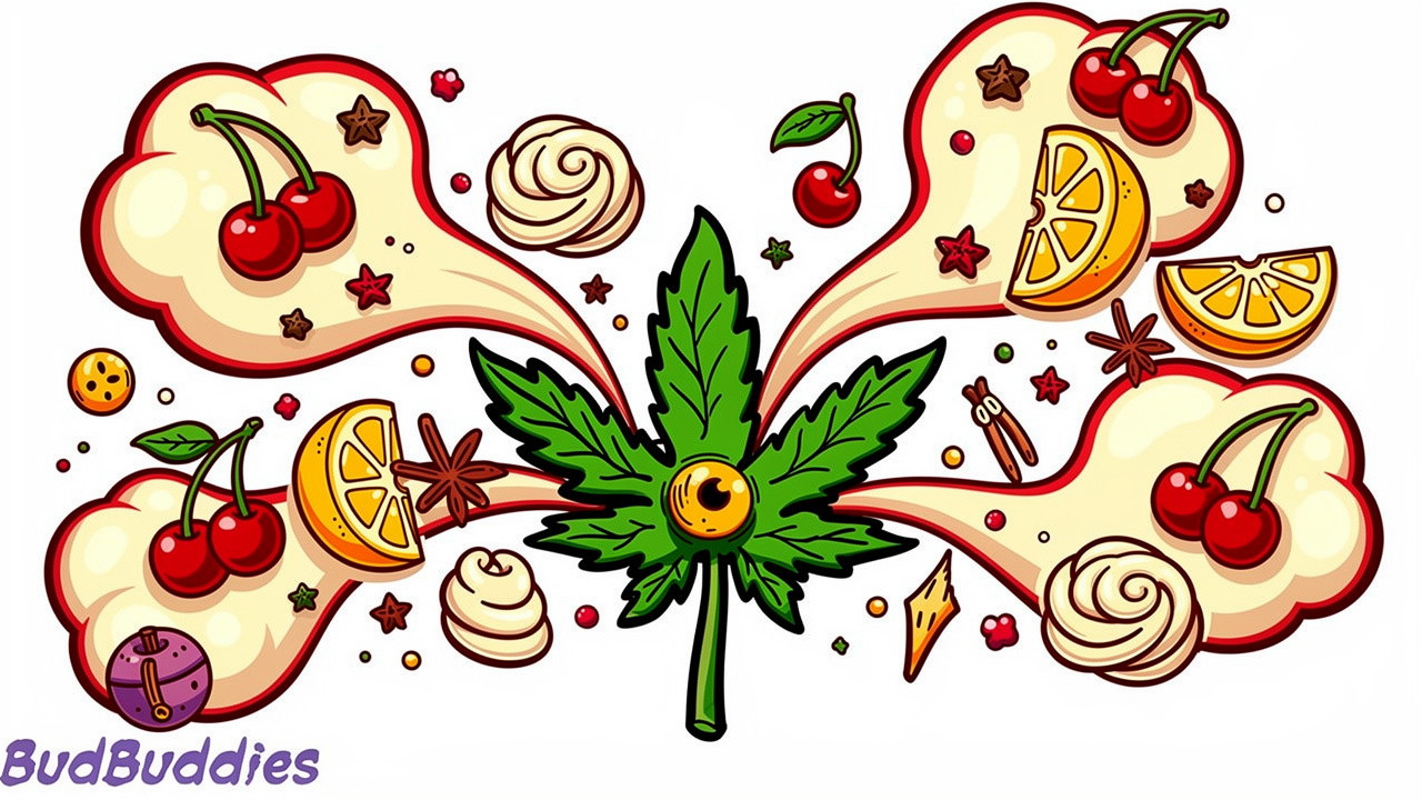 Cartoon cannabis bud with cherry vanilla aroma swirls