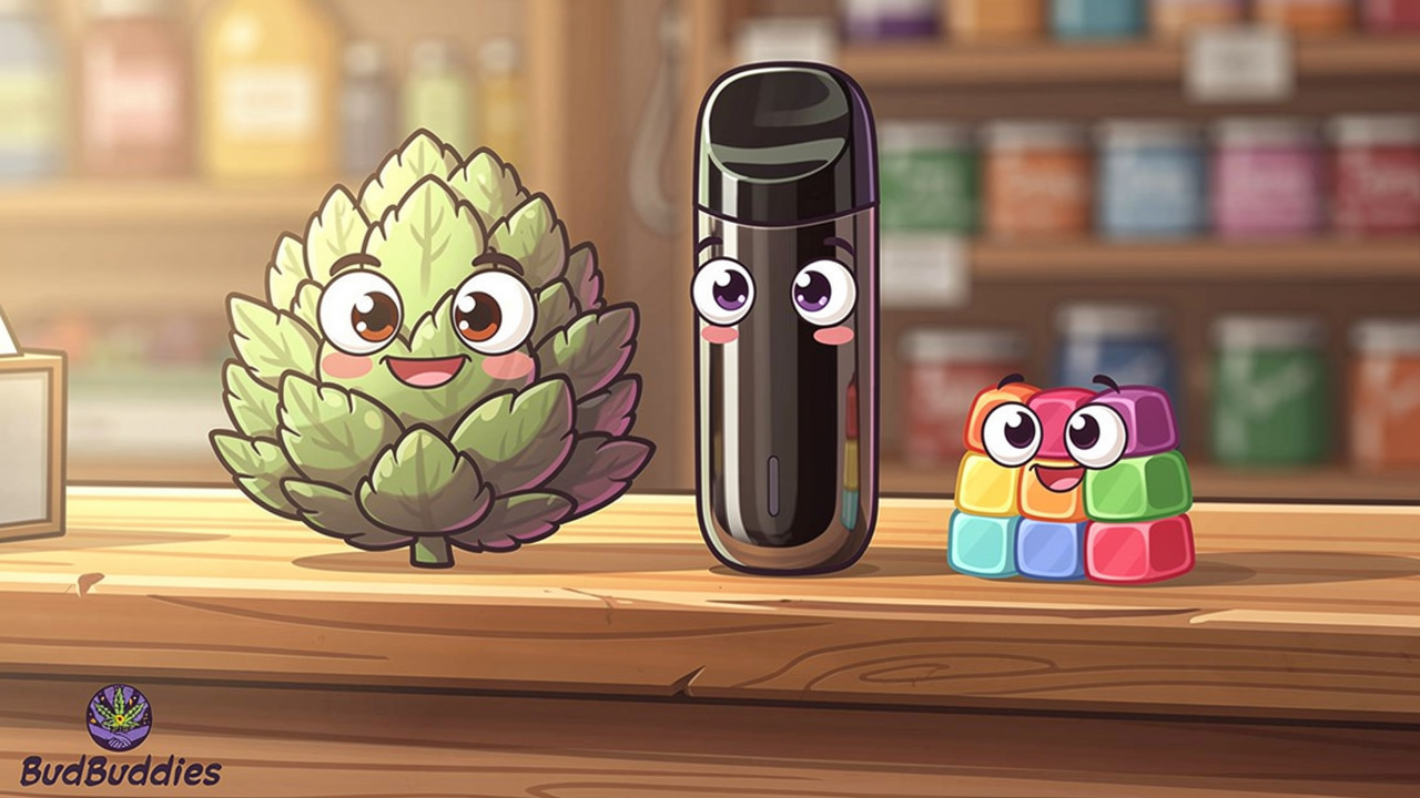 Cartoon flower, vape and edible Cherry Gelato formats