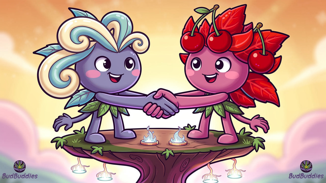 Cartoon cannabis plants representing Cherry Gelato lineage