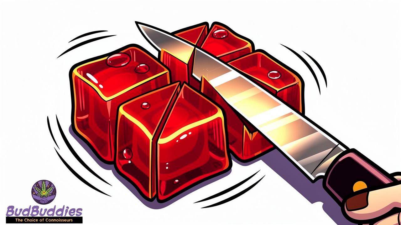 Cartoon illustration of cherry gummy being precisely divided into portions