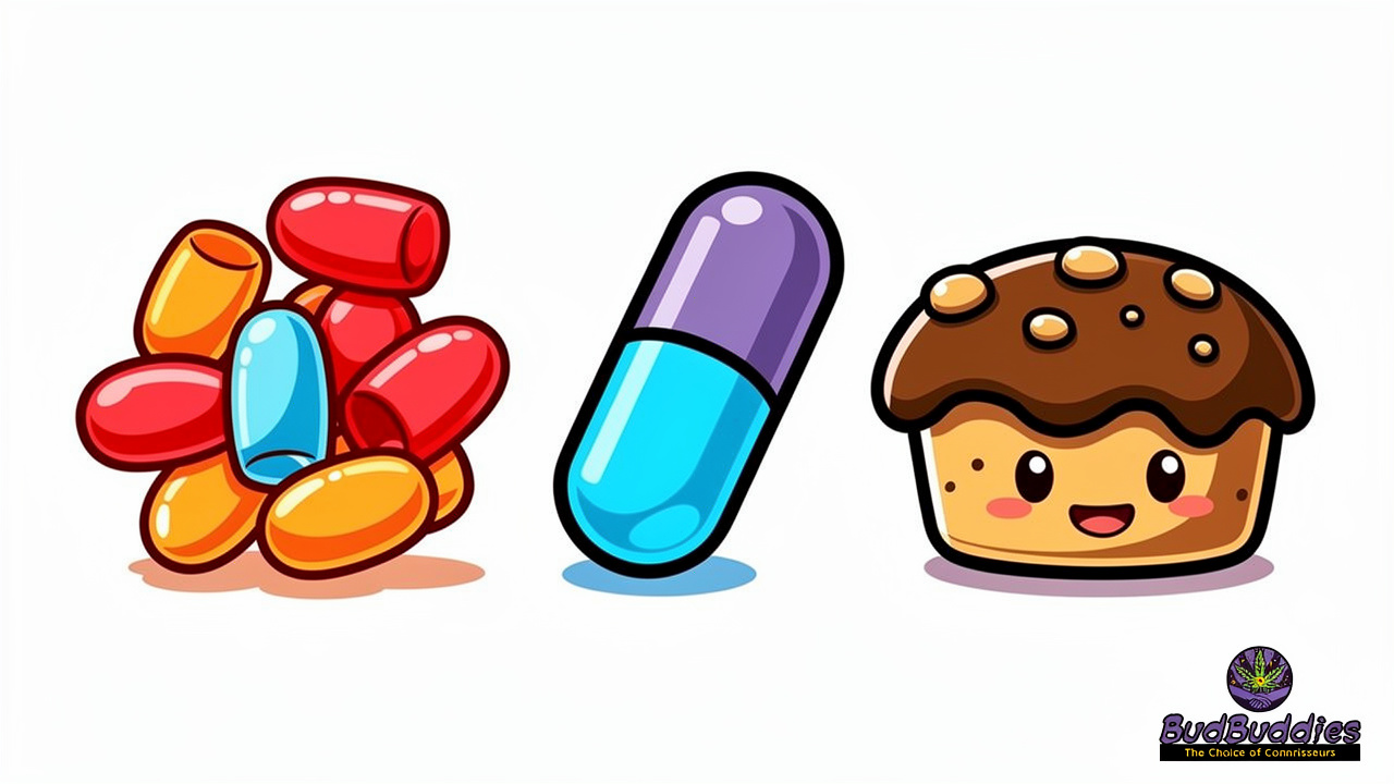 Cartoon visual comparison of different cannabis edible formats and experiences