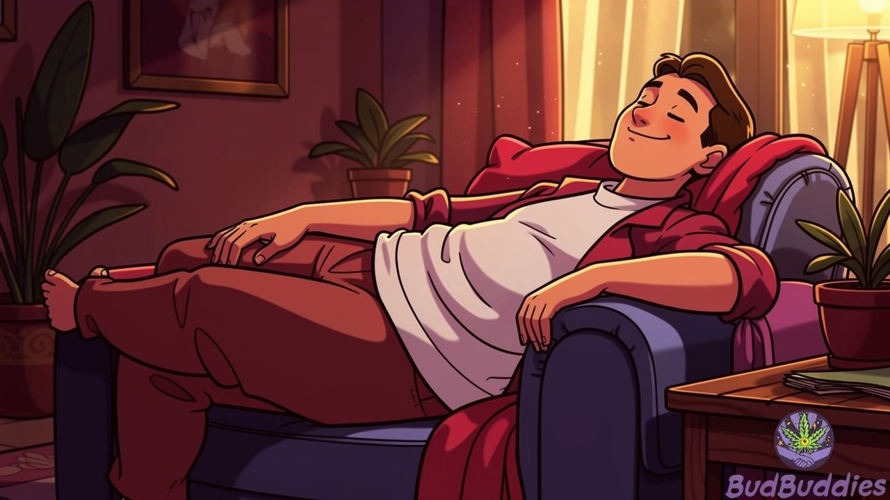 Cartoon depiction of a relaxed, settled moment after consuming an edible