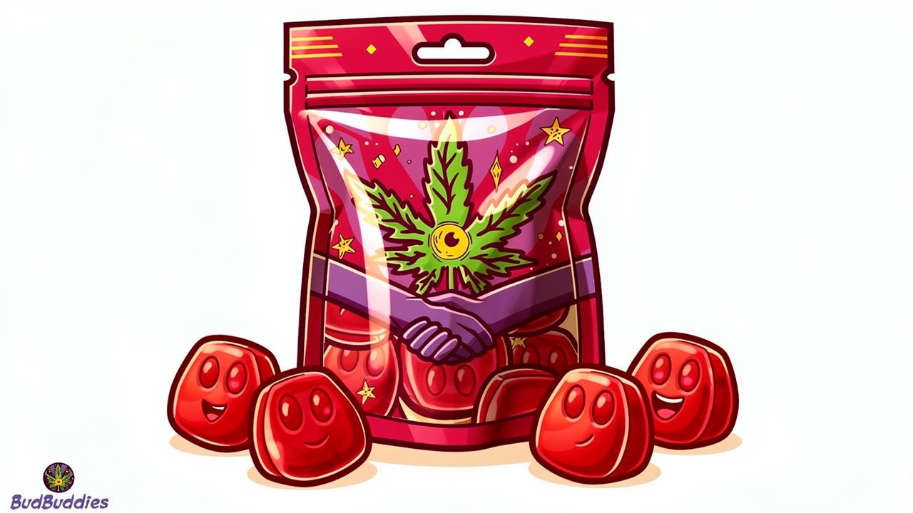 Cartoon pouch of cherry gummies displayed with four individual pieces