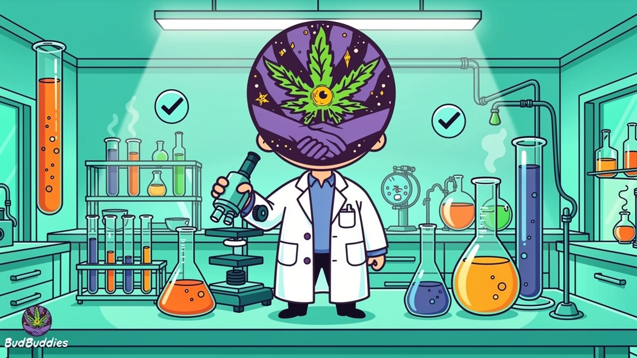 Cartoon laboratory scene representing cannabis quality testing and verification