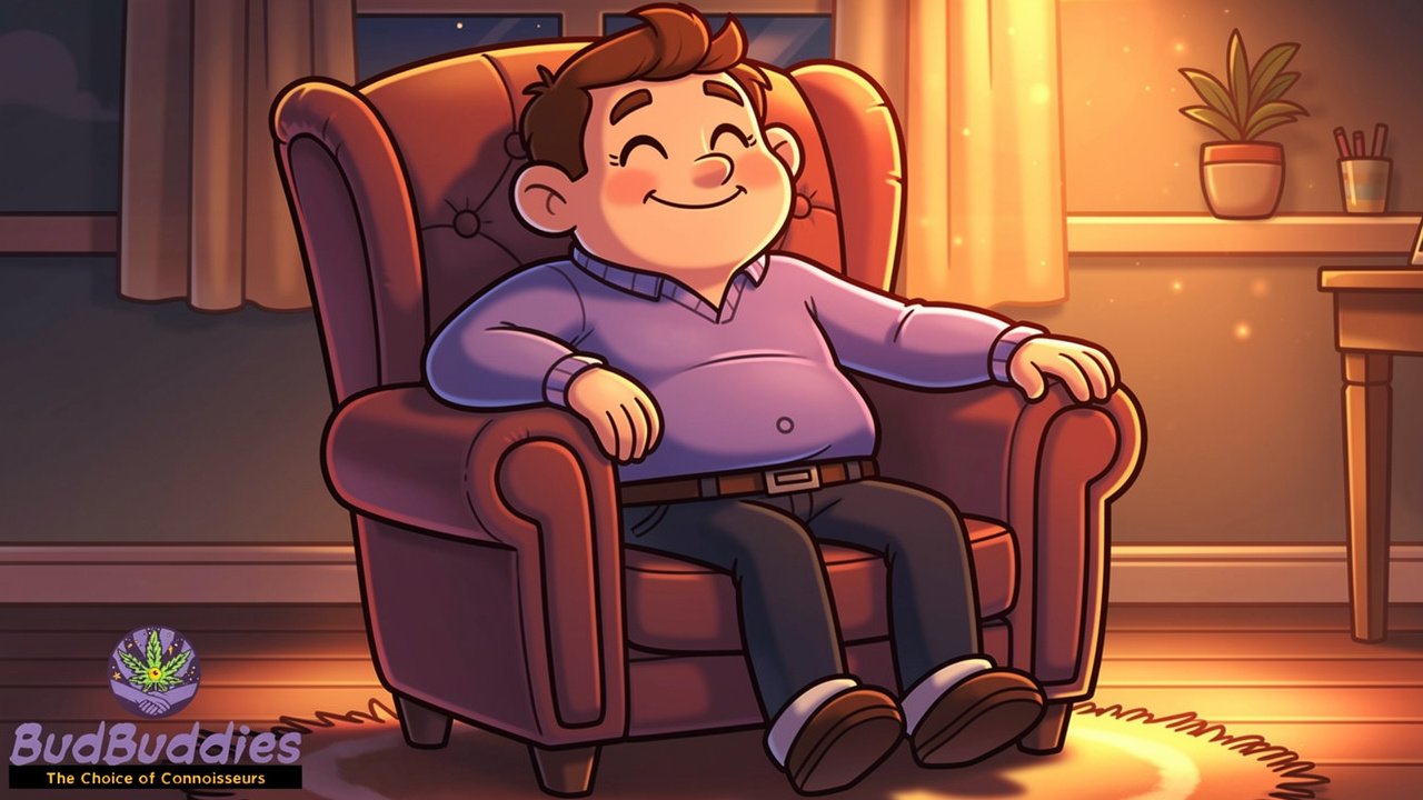 Happy cartoon character in relaxed state enjoying calm evening feeling