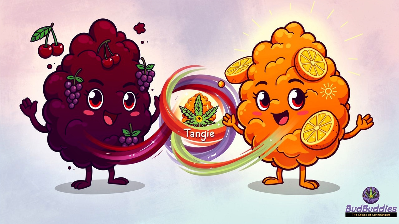 Cartoon depiction of Cherry Pie and Tangie parent strains