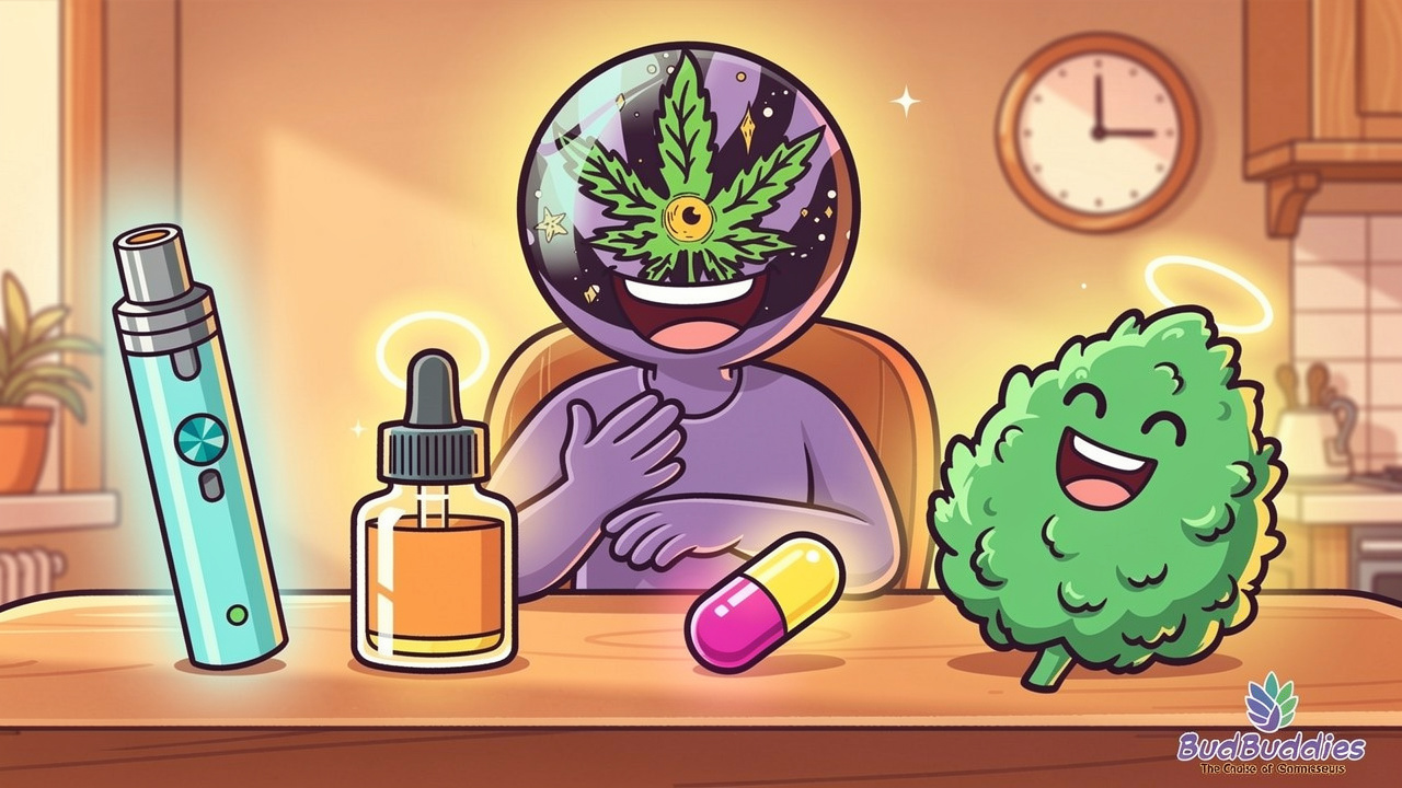 Cartoon character choosing between cannabis product formats