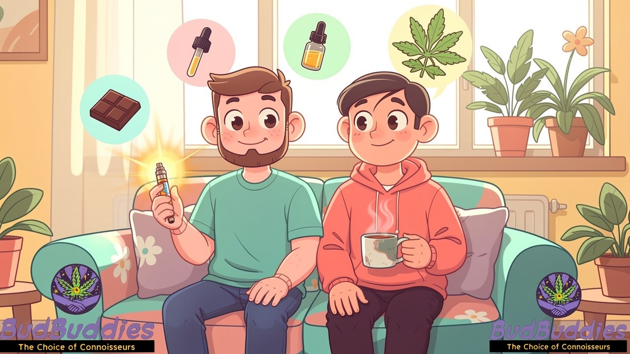 Cartoon characters choosing between cannabis formats at home