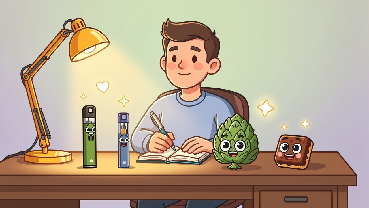 Cartoon character choosing right cannabis product for migraines
