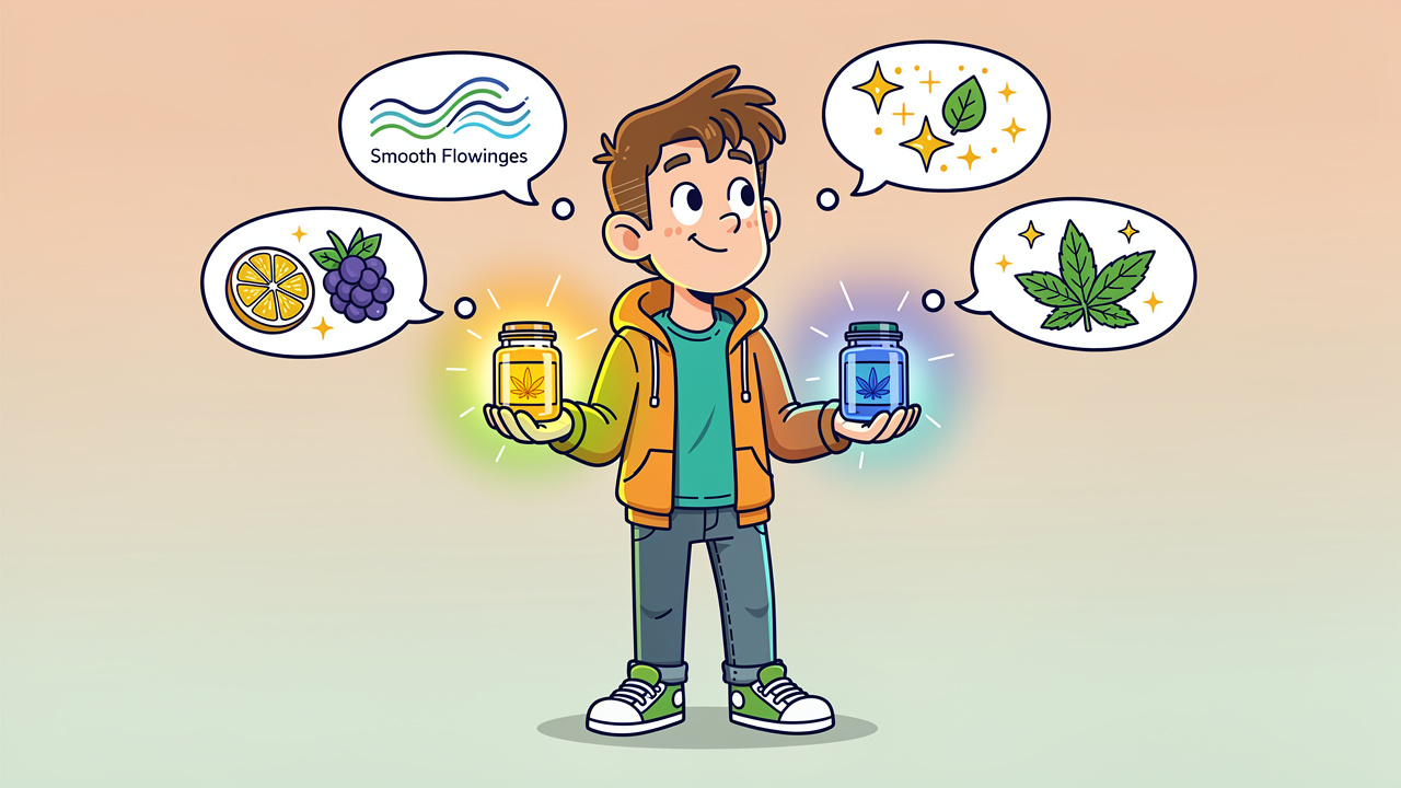 Cartoon character choosing between live resin and distillate concentrates