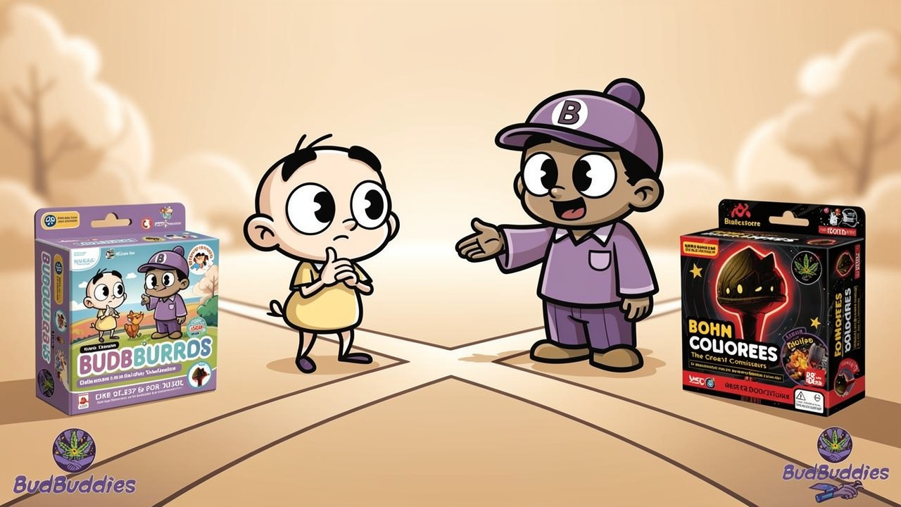 Cartoon showing beginner and experienced cannabis bundle options side-by-side
