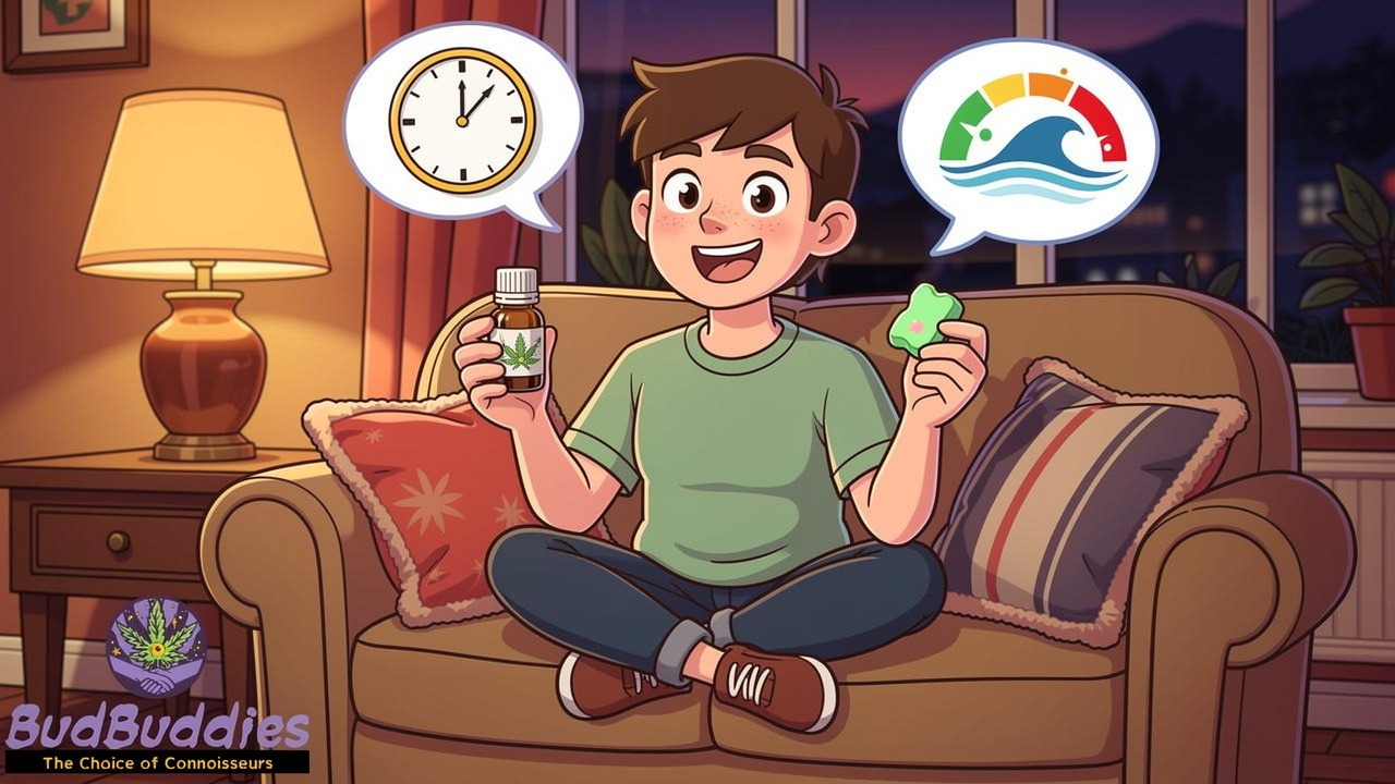 Cartoon adult choosing between cannabis formats in cosy UK home
